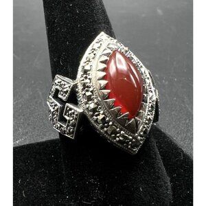 Vintage Art Deco Revival 925 Sterling Silver Carnelian Marcasite Ring Sz 10